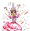 The drawing of a happy joyful color ecstatic with a smile of the princess girl in a pink dress and a crown on the holiday raised