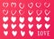 Drawing of hearts. Hearts with pencil strokes, brush or marker. Different heart shapes for love cards, promotional banners,