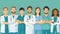Drawing of hospital medical team - group of smiling doctors and nurses. Horizontal banner