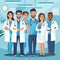 Drawing of hospital medical team - group of smiling doctors and nurses. Horizontal banner