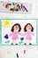 Drawing: Identical twins. Two smiling sisters look the same