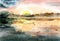 Drawing illustration watercolor. Above the evening lake, the sun sets, pink and blue sky reflected in the lake.