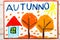 drawing: Italian word Autumn, home and trees with orange leaves.
