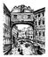 Drawing landscape view of the bridge of sighs in Venice, Italy, sketch of hand-drawn graphic illustration