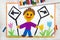 Drawing: Left and right arrow signs. Future and past concept. Smiling boy holding two signs