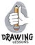 Drawing lessons label with hand and pencil vector