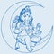 Drawing of Lord Ganesha Sitting on top of the Moon. Outline Sketch of Ganapati