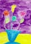 Drawing made child - Flowers in vase on violet