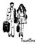 Drawing of a man and woman travelers go with luggage, sketch of a hand-drawn illustration