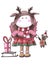 Drawing with markers illustration cartoon children`s style cute christmas doll in red and green clothes with gifts and a plush pu