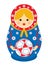 Drawing of a Matryoshka in red and blue holding a soccer ball in her hands. Matryoshka doll also known as a Russian nesting doll
