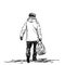 Drawing of mature man carrying duffel bag and wearing winter clothes, back view, Vector sketch Hand drawn