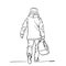 Drawing of mature man carrying duffel bag and wearing winter clothes, back view, Vector sketch Hand drawn