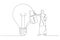 Drawing of muslim businesswoman owner standing with light bulb idea locked with padlock for patents. Intellectual property. Single