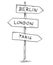 Drawing of Old Three Directional Arrow Road Sign With Berlin, London and Paris Texts