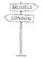Drawing of Old Two Directional Arrow Road Sign With London and Brussels Texts