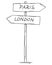 Drawing of Old Two Directional Arrow Road Sign With London and Paris Texts