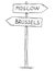 Drawing of Old Two Directional Arrow Road Sign With Moscow and Brussels Texts