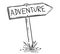 Drawing of Old Wooden Road Arrow Sign With Adventure Text