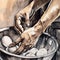 A drawing of a person& x27;s hand holding a bowl of eggs. AI generative image.