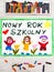 Drawing: Polish words NEW SCHOOL YEAR and happy children