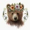 drawing of a portrait of a bear with flowers. white background Generative AI