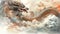 Drawing of a Red and Bronze Traditional Chinese Dragon flying in the sky with textured clouds