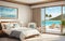 drawing seabreeze bedroom blue sea view and sunbed on beach front luxury hotel resort white cream tone