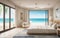 drawing seabreeze corner bedroom blue sea view and sunbed on beach front luxury hotel resort white cream tone