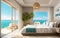 drawing seabreeze corner bedroom sea sunset view on beach front luxury hotel resort white cream tone