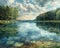 Drawing of a serene lakeside view