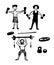 Drawing set of pictures of cheerful athletes, men and women engaged in weight lifting, sketch, vector illustration