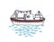 Drawing of ship, ferry or ferryboat with mast floating on ocean waves. Marine vessel or yacht in sea journey, trip or