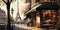 A drawing, a sketch of a Parisian street, cafes, shops, beautiful season, charming atmosphere, ai generative