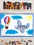 Drawing: Small blue airplane and hot air balloon