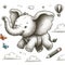 Drawing of a small elephant flying among the clouds.