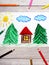 Drawing: small house surrounded by coniferous trees