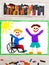 Drawing: Smiling boy sitting on his wheelchair. Disabled boy with a friend