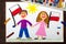 Drawing: Smiling children, boy and girl, waving Polish flags. Polish patriotism. Independence Day in Poland