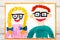 Drawing: Smiling couple with eyeglasses.