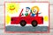 drawing: Smiling couple sitting on their cabriolet car. Car with a roof.