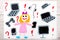 drawing: smiling little girl surrounded by electronic devices, phones, computers and tablets