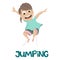 Drawing of smiling young girl in light blue shirt leaping into the air over JUMPING in dark blue text