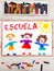 Drawing: Spanish word SCHOOL and happy children.