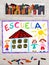 Drawing: Spanish word SCHOOL, school building and happy children.