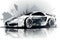 a drawing of a sports car on a white background with a reflection of the car on the floor and the paint splattered on the wall