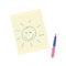 Drawing of sun on a piece of paper and a pen