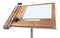 Drawing table with project blueprint on white with clip