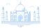 Drawing of the Taj Mahal, stylized, blue, mausoleum in the city of Agra, India