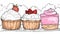 A drawing of three cupcakes with different toppings on them, AI
